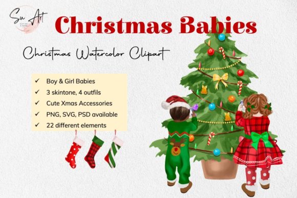 Christmas Babies Boy Girl with Xmas Tree: Charming Graphics for Festive Illustrations